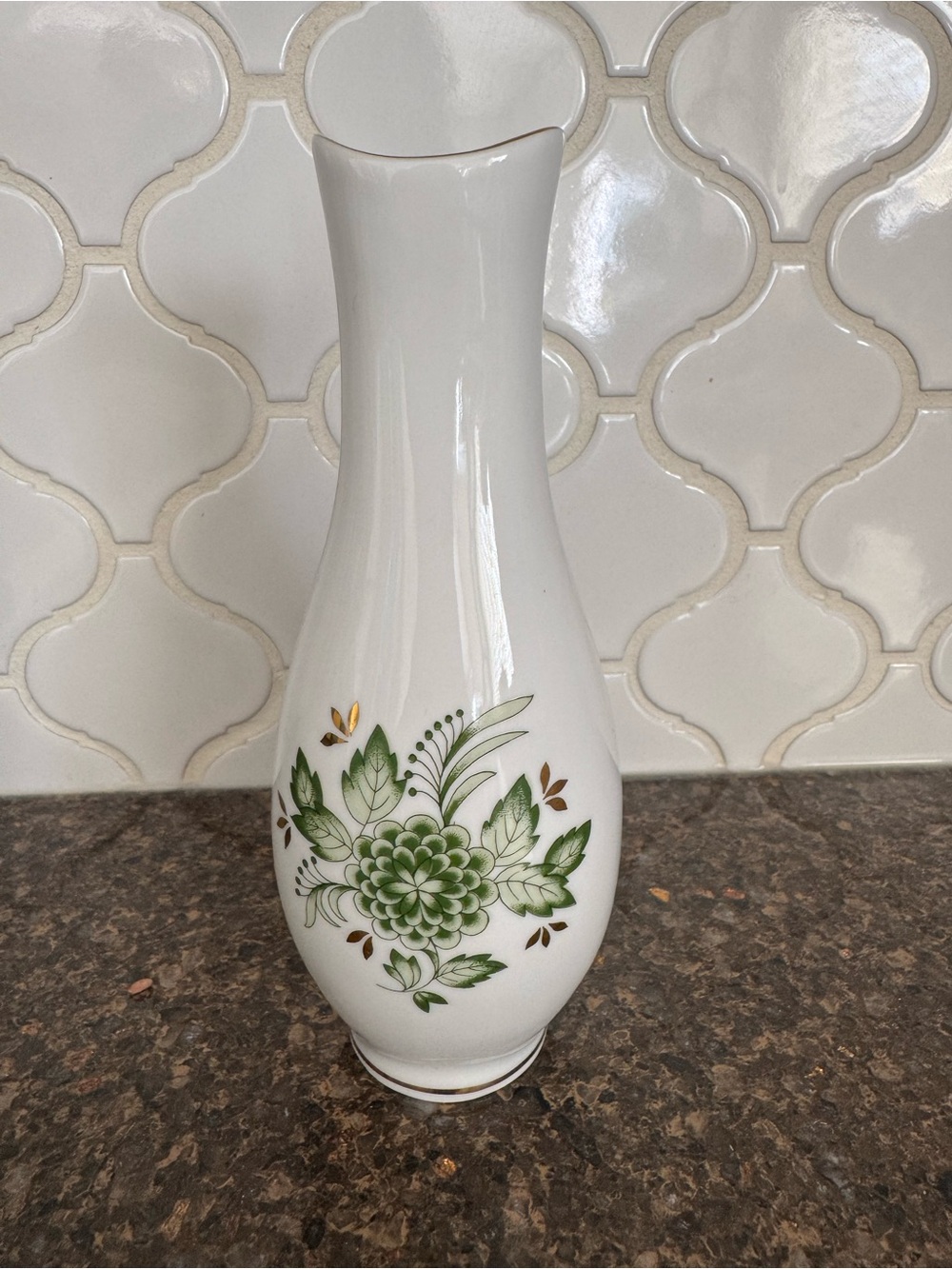 Vintage Hollóháza Hungary Porcelain Floral Vase with Gold Trim